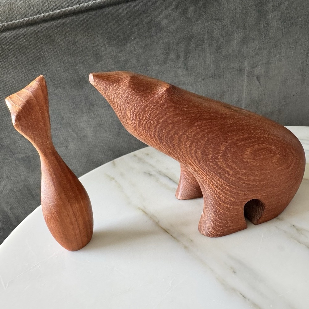 Arme Tjomsland Style MCM Teak Wood Sculptures Made In Norway Bear Whale Tail